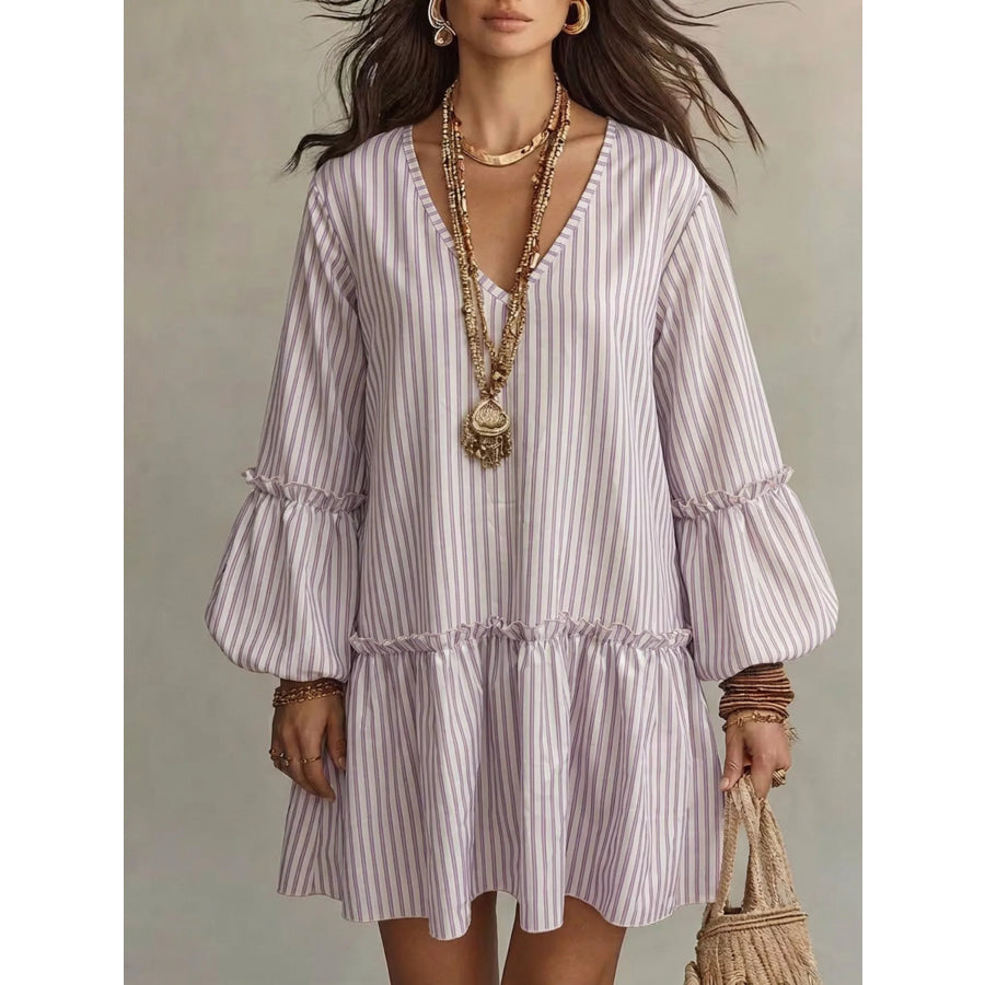 Full Size Striped Balloon Sleeve Mini Dress Plus Size Light Purple / S Apparel and Accessories