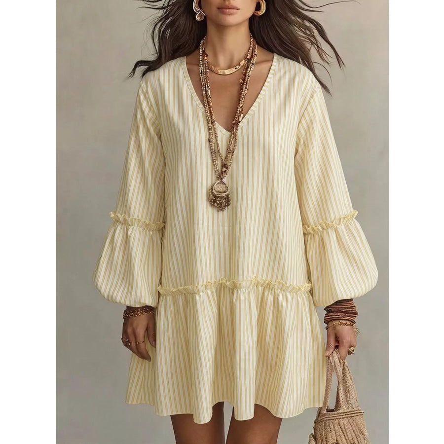 Full Size Striped Balloon Sleeve Mini Dress Plus Size Light Yellow / S Apparel and Accessories