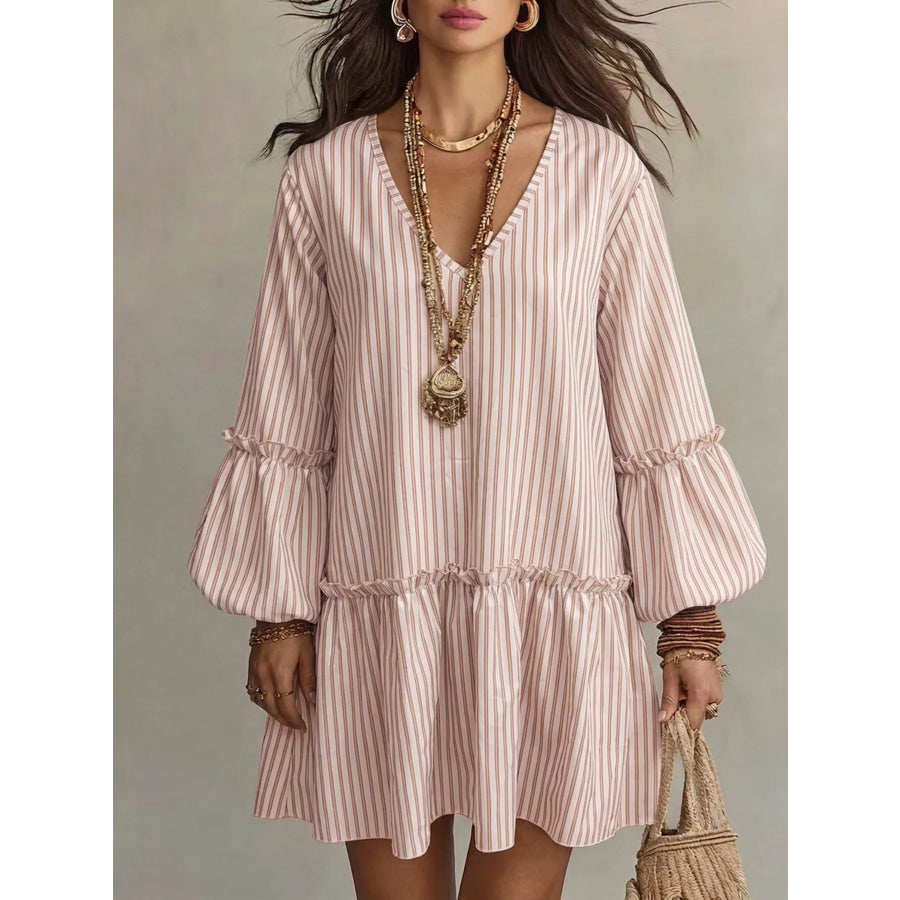 Full Size Striped Balloon Sleeve Mini Dress Plus Size Pink / S Apparel and Accessories