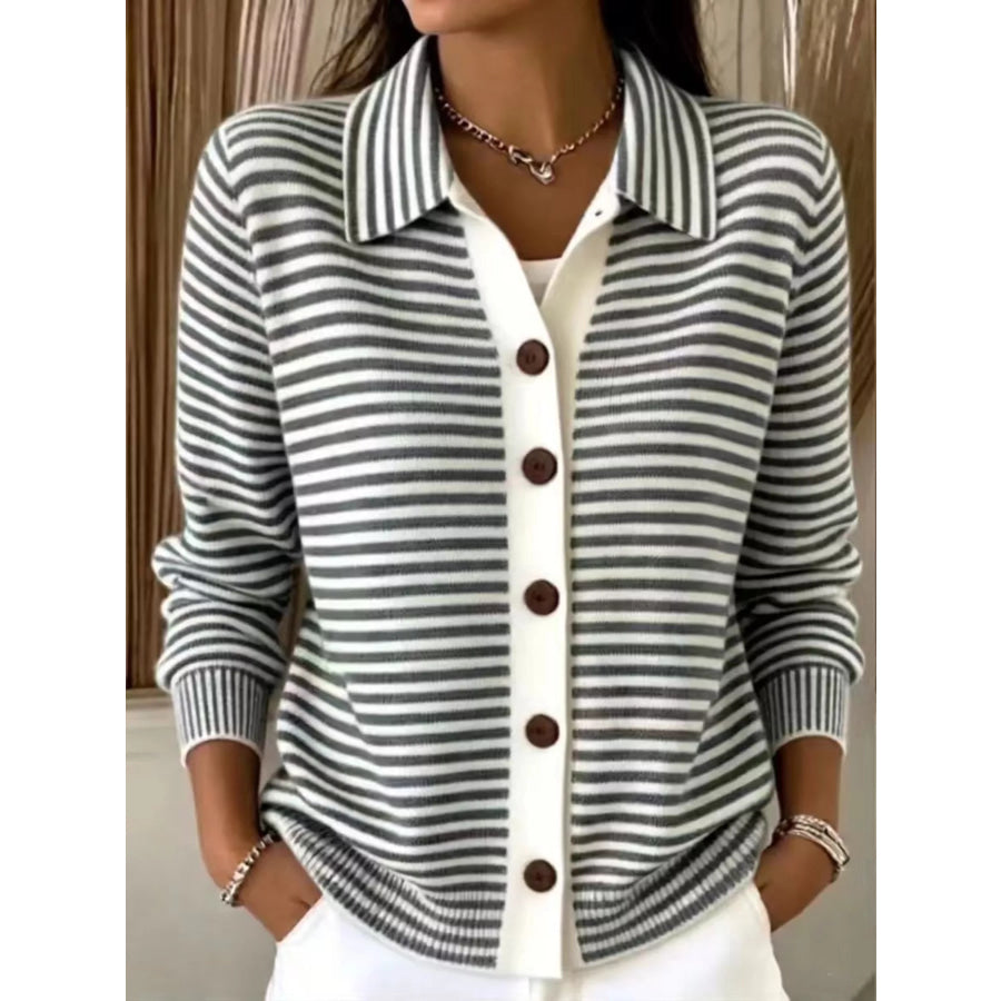Full Size Striped Button-Down Knit Cardigan Plus Size Black / XS Apparel and Accessories