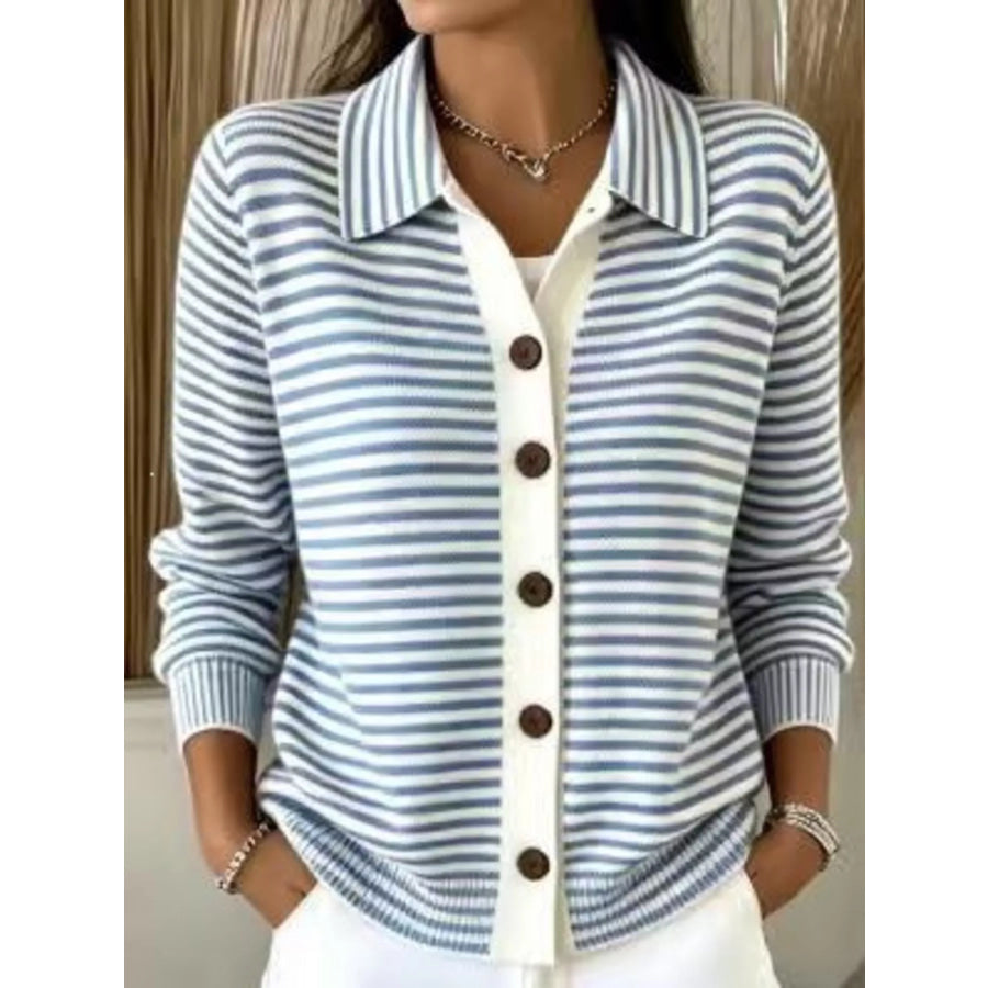 Full Size Striped Button-Down Knit Cardigan Plus Size Blue / XS Apparel and Accessories