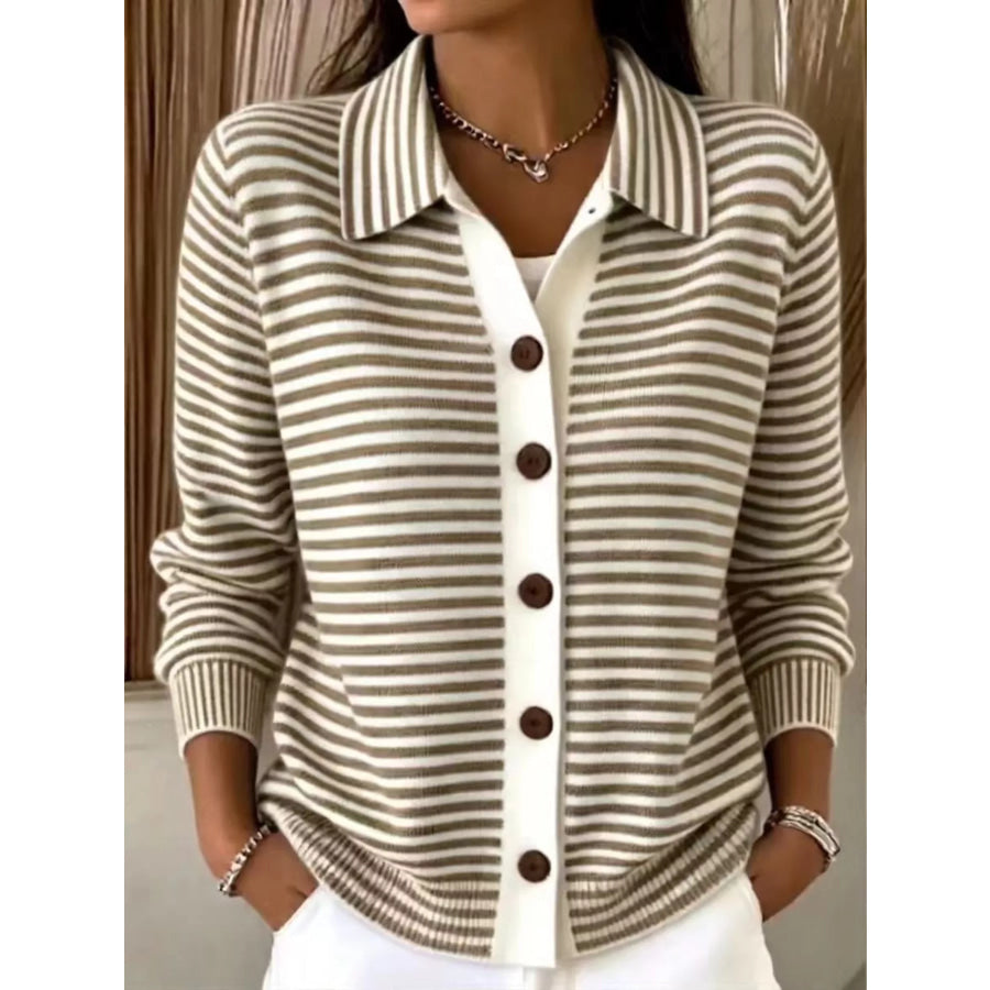 Full Size Striped Button-Down Knit Cardigan Plus Size Brown / XS Apparel and Accessories