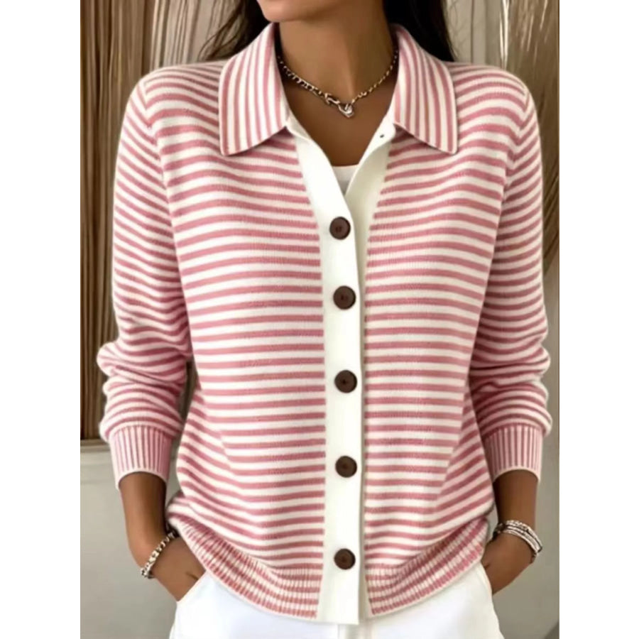 Full Size Striped Button-Down Knit Cardigan Plus Size Pink / XS Apparel and Accessories