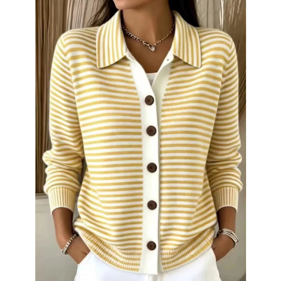 Full Size Striped Button-Down Knit Cardigan Plus Size Yellow / XS Apparel and Accessories