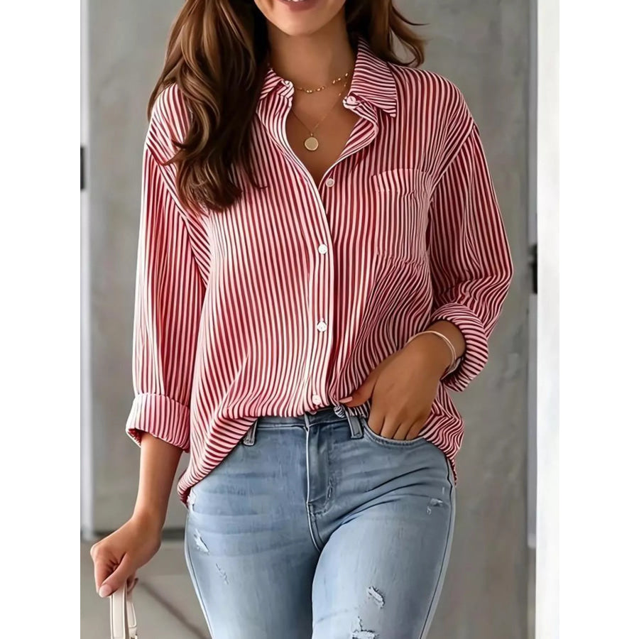 Full Size Striped Button-Down Long Sleeve Shirt Plus Apparel and Accessories