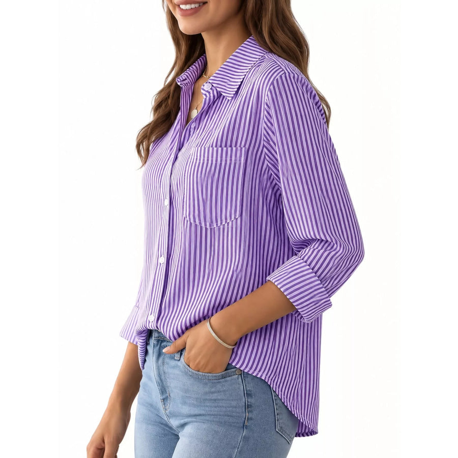 Full Size Striped Button-Down Long Sleeve Shirt Plus Apparel and Accessories