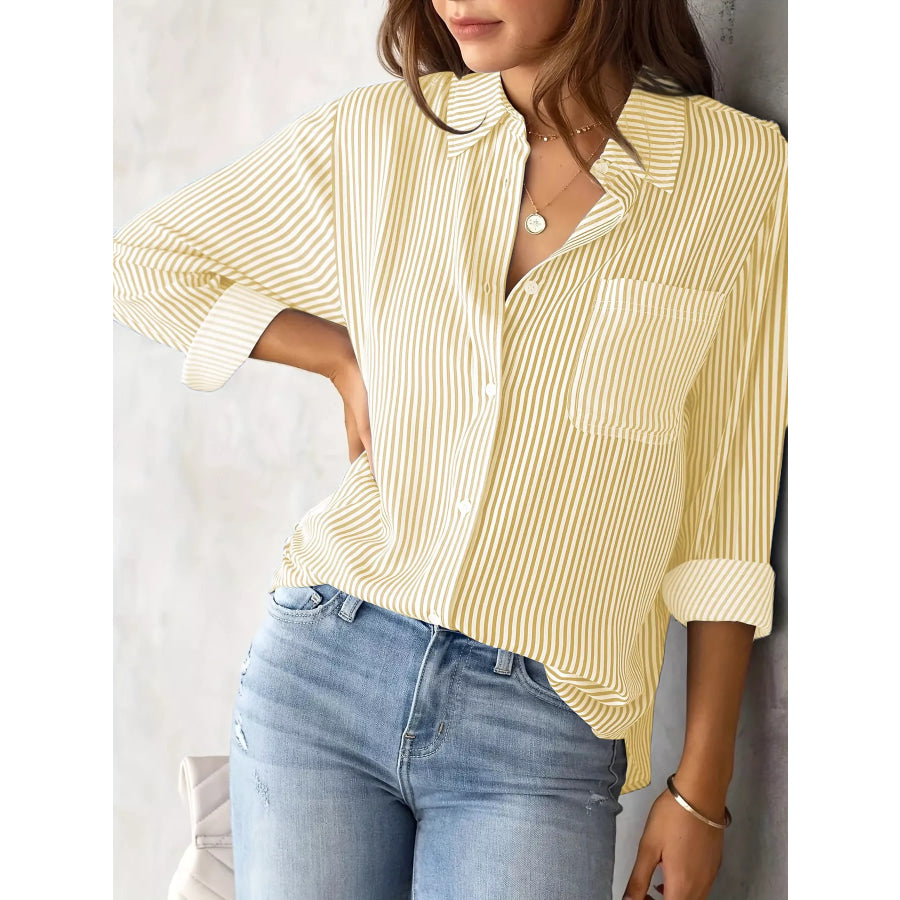 Full Size Striped Button-Down Long Sleeve Shirt Plus Apricot / XS Apparel and Accessories