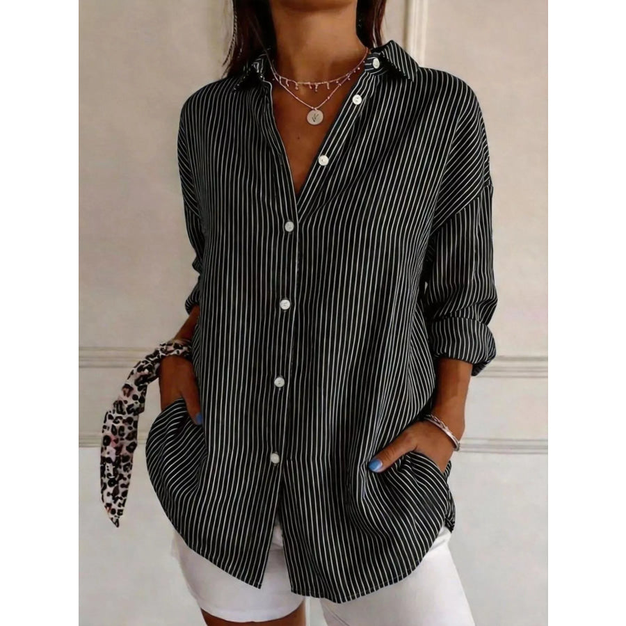 Full Size Striped Button-Down Long Sleeve Shirt Plus Black / S Apparel and Accessories
