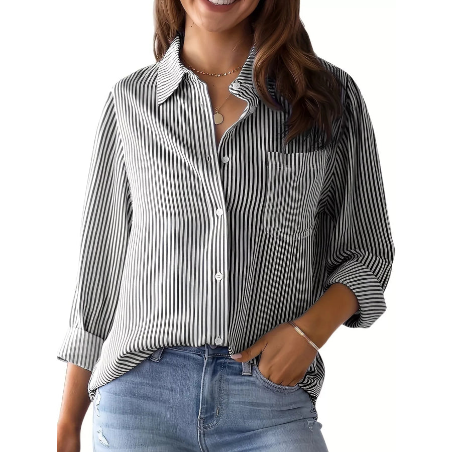 Full Size Striped Button-Down Long Sleeve Shirt Plus Black / XS Apparel and Accessories