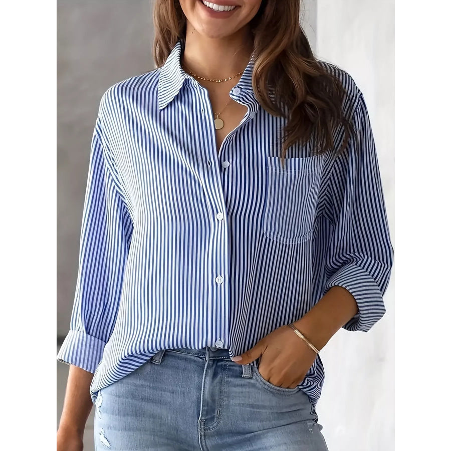 Full Size Striped Button-Down Long Sleeve Shirt Plus Blue / XS Apparel and Accessories