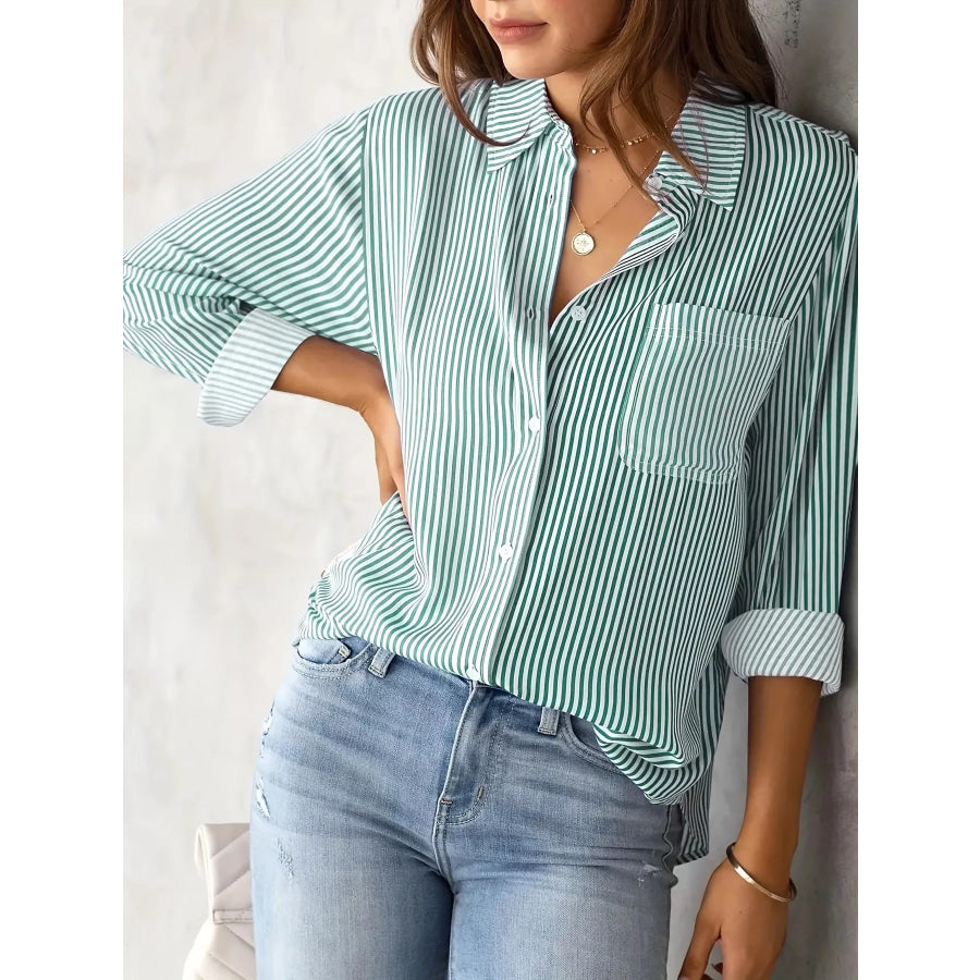 Full Size Striped Button-Down Long Sleeve Shirt Plus Emerald Green / XS Apparel and Accessories