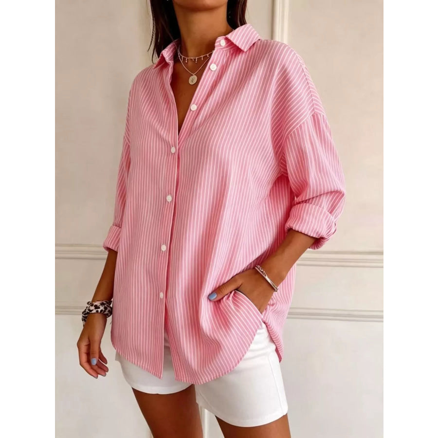 Full Size Striped Button-Down Long Sleeve Shirt Plus Pink / S Apparel and Accessories