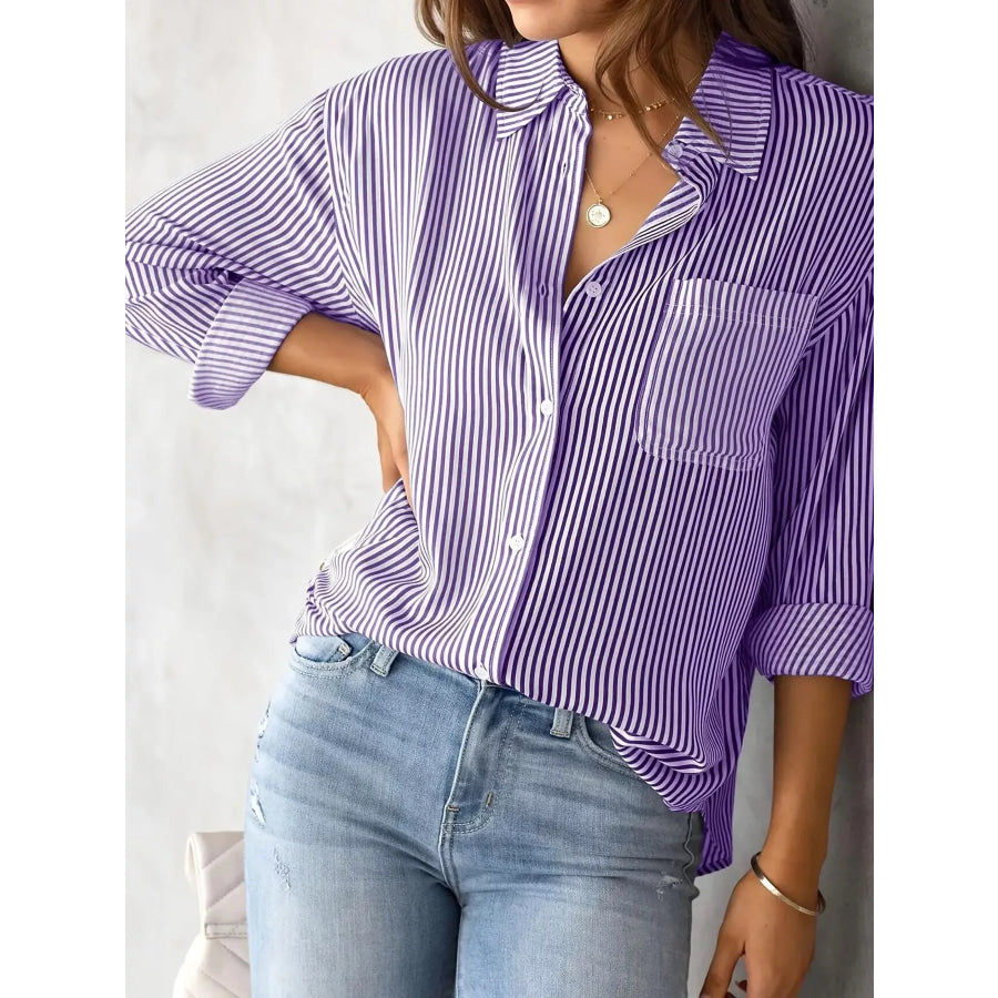 Full Size Striped Button-Down Long Sleeve Shirt Plus Purple / XS Apparel and Accessories