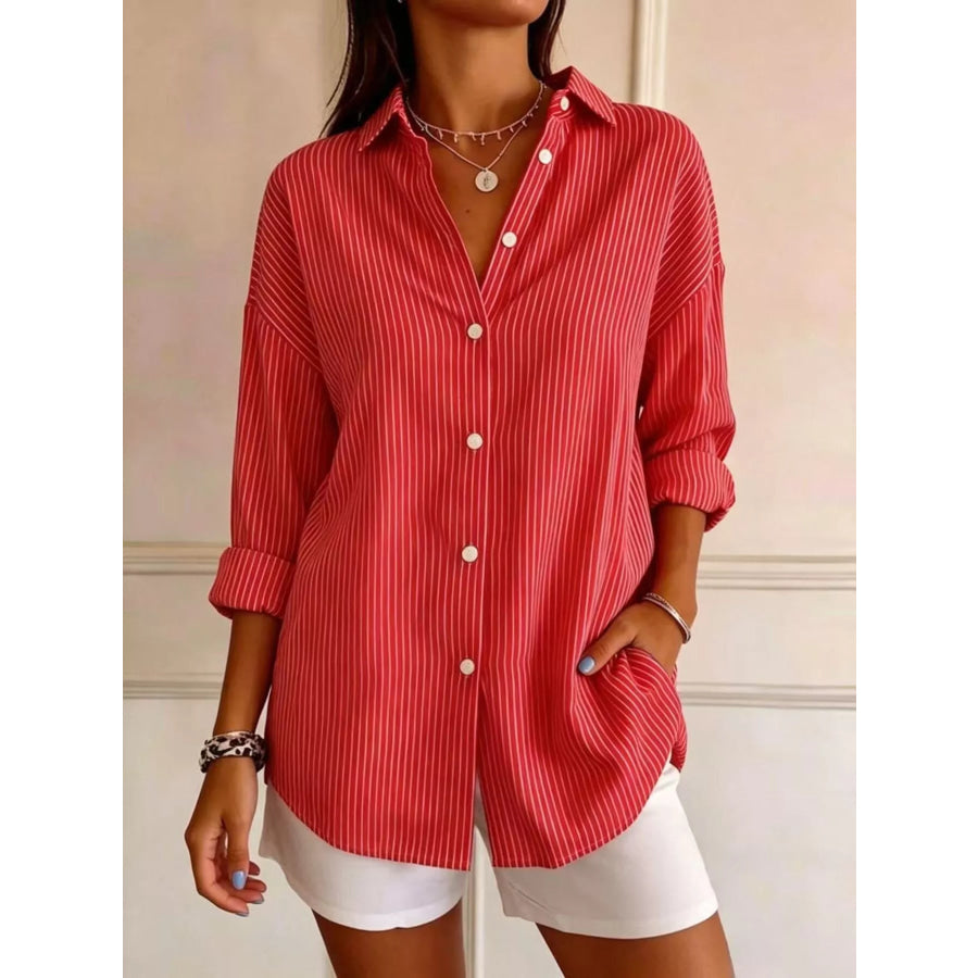 Full Size Striped Button-Down Long Sleeve Shirt Plus Red / S Apparel and Accessories