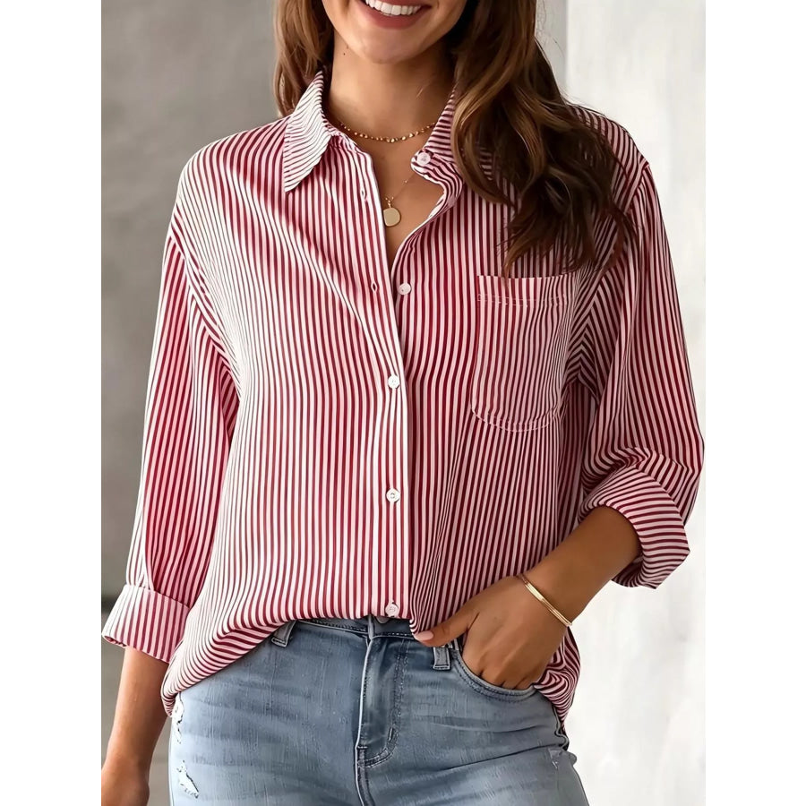 Full Size Striped Button-Down Long Sleeve Shirt Plus Red / XS Apparel and Accessories