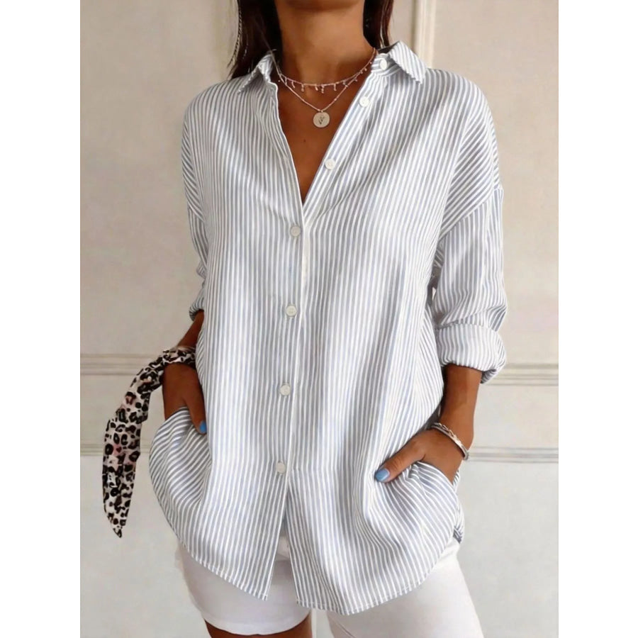 Full Size Striped Button-Down Long Sleeve Shirt Plus White / S Apparel and Accessories