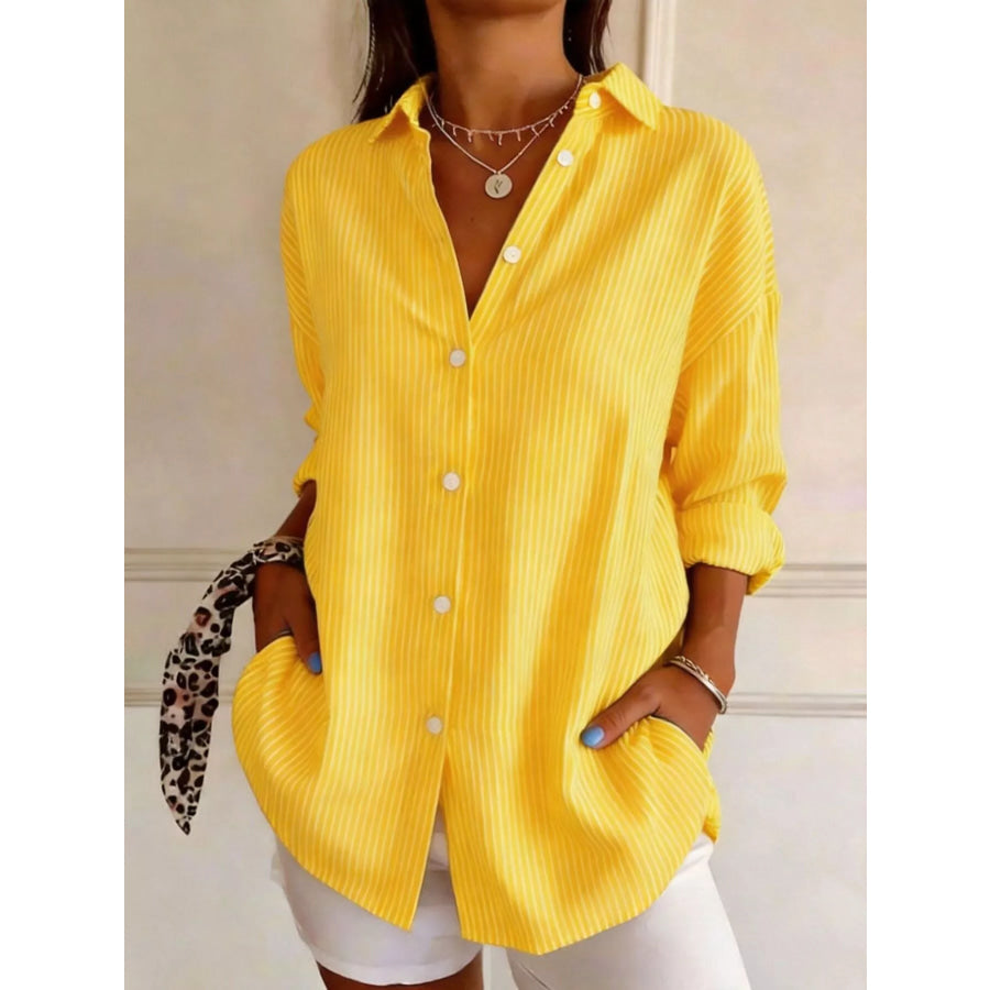 Full Size Striped Button-Down Long Sleeve Shirt Plus Yellow / S Apparel and Accessories