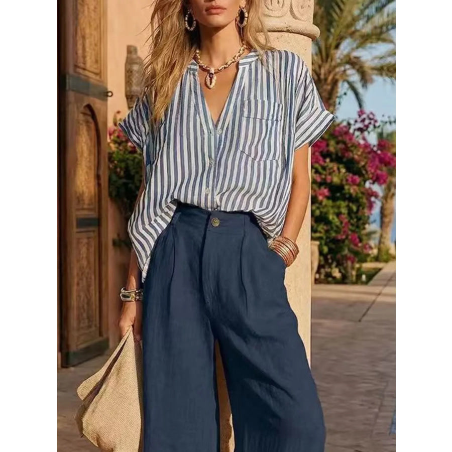 Full Size Striped Button Up Shirt and Pants Set Plus Size Blue / S Apparel and Accessories