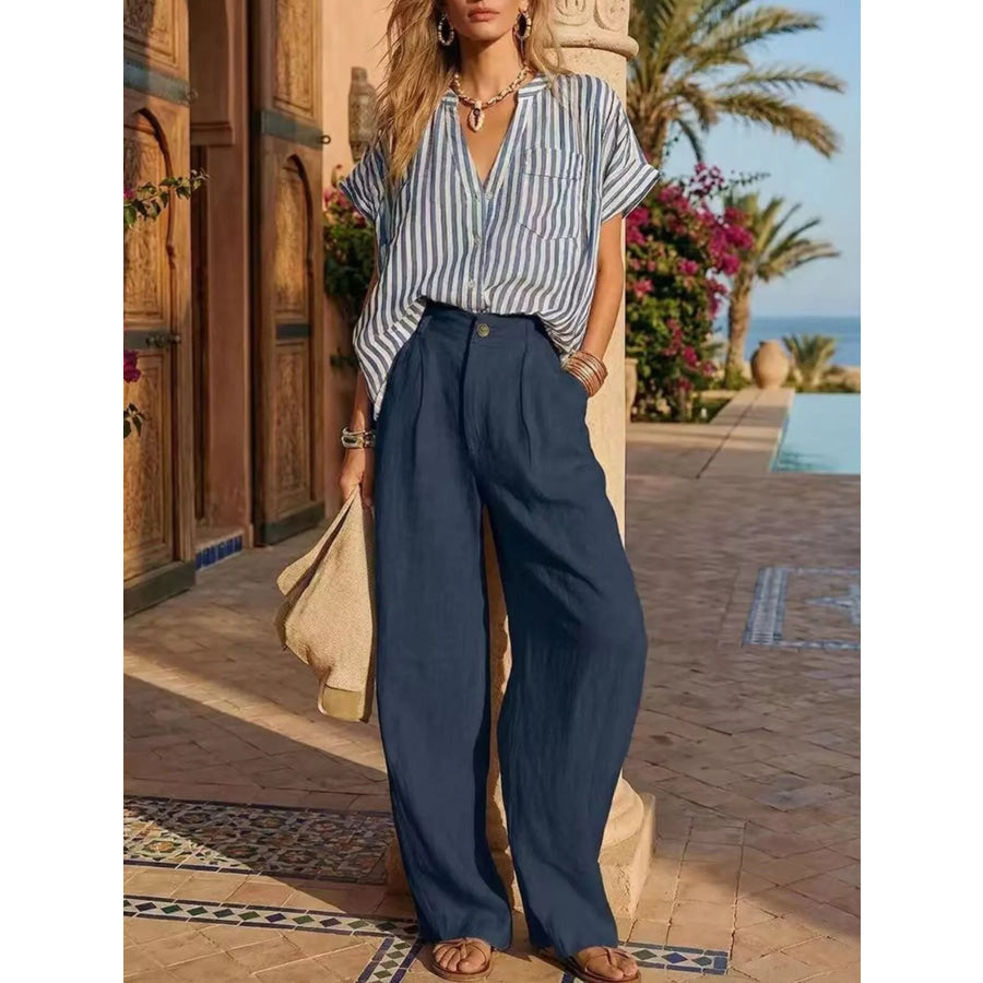 Full Size Striped Button Up Shirt and Pants Set Plus Size Blue / S Apparel and Accessories