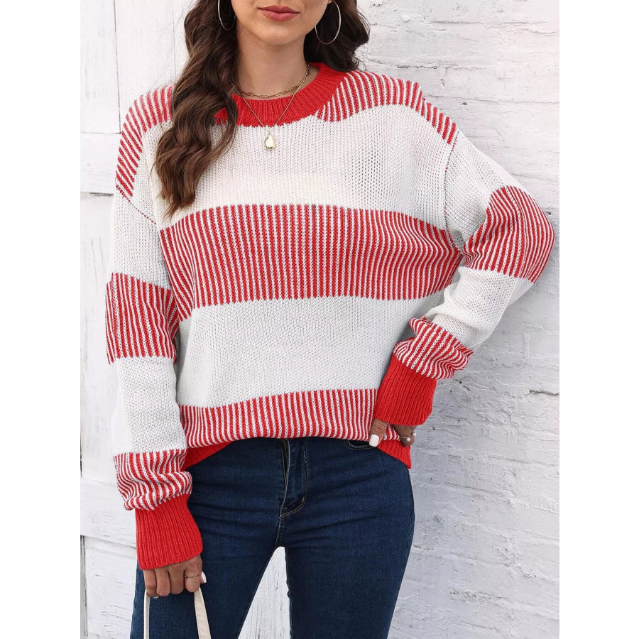 Full Size Striped Color Block Crew Neck Sweater Plus Apparel and Accessories