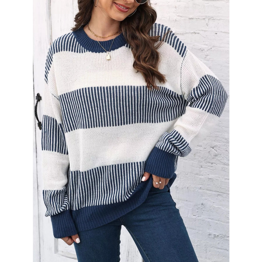Full Size Striped Color Block Crew Neck Sweater Plus Apparel and Accessories