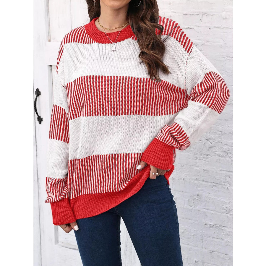 Full Size Striped Color Block Crew Neck Sweater Plus Apparel and Accessories