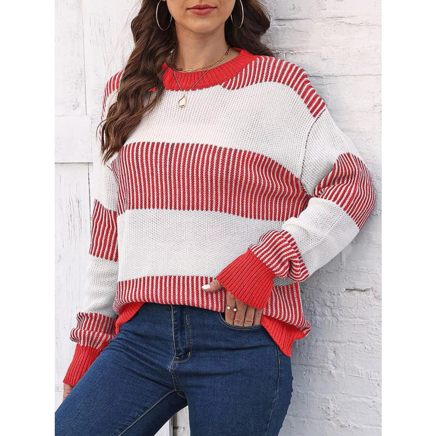 Full Size Striped Color Block Crew Neck Sweater Plus Apparel and Accessories