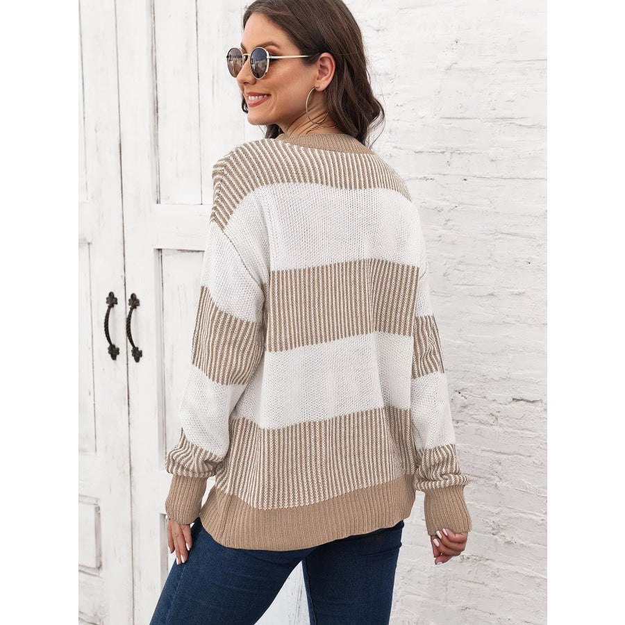 Full Size Striped Color Block Crew Neck Sweater Plus Apparel and Accessories