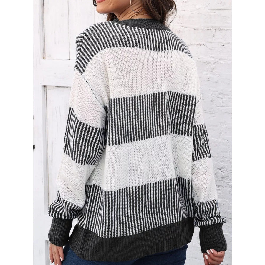 Full Size Striped Color Block Crew Neck Sweater Plus Apparel and Accessories