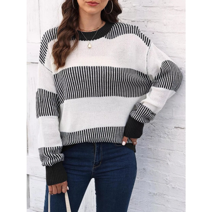 Full Size Striped Color Block Crew Neck Sweater Plus Apparel and Accessories