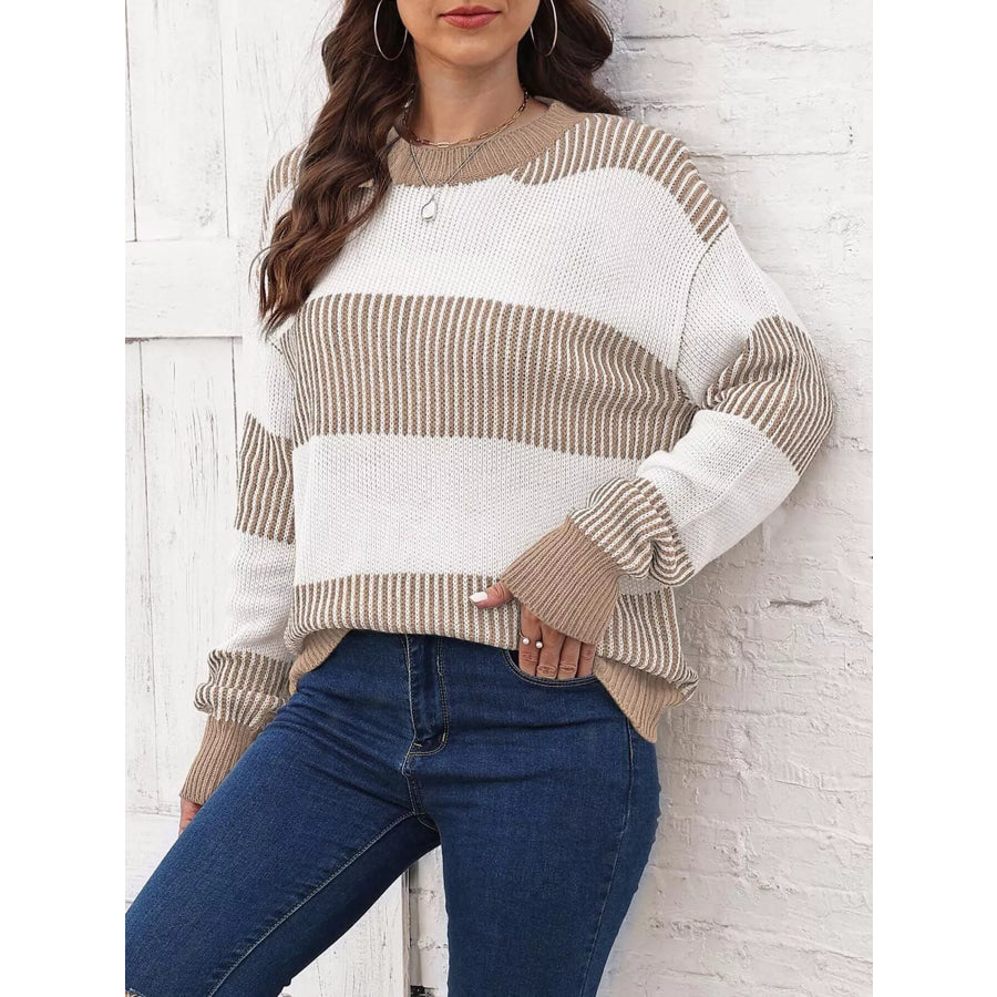 Full Size Striped Color Block Crew Neck Sweater Plus Apparel and Accessories