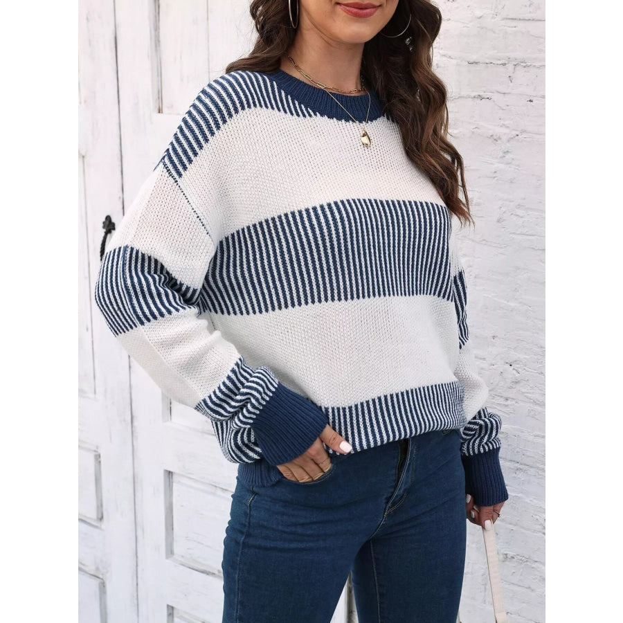 Full Size Striped Color Block Crew Neck Sweater Plus Apparel and Accessories