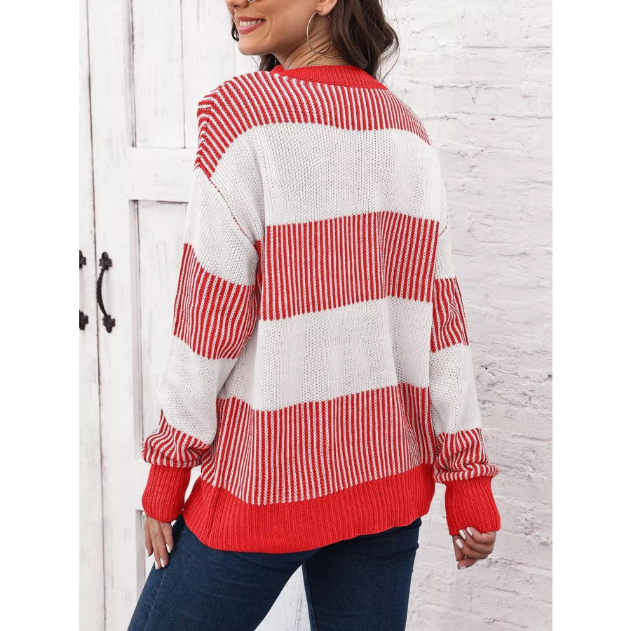 Full Size Striped Color Block Crew Neck Sweater Plus Apparel and Accessories