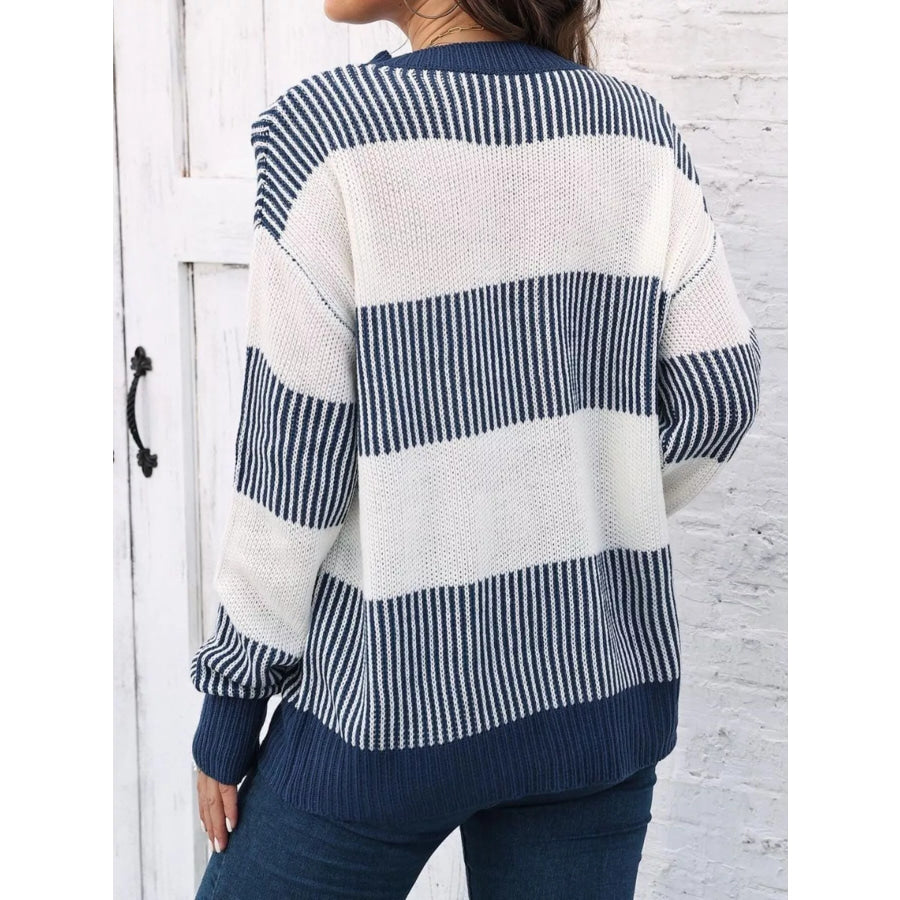 Full Size Striped Color Block Crew Neck Sweater Plus Apparel and Accessories