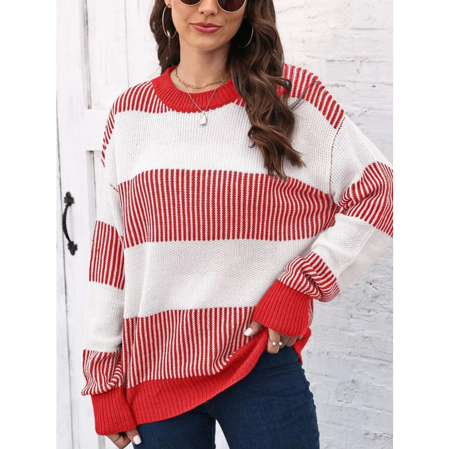 Full Size Striped Color Block Crew Neck Sweater Plus Apparel and Accessories