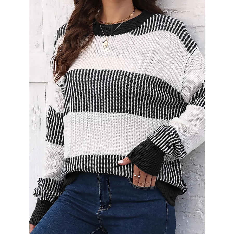 Full Size Striped Color Block Crew Neck Sweater Plus Black / S Apparel and Accessories