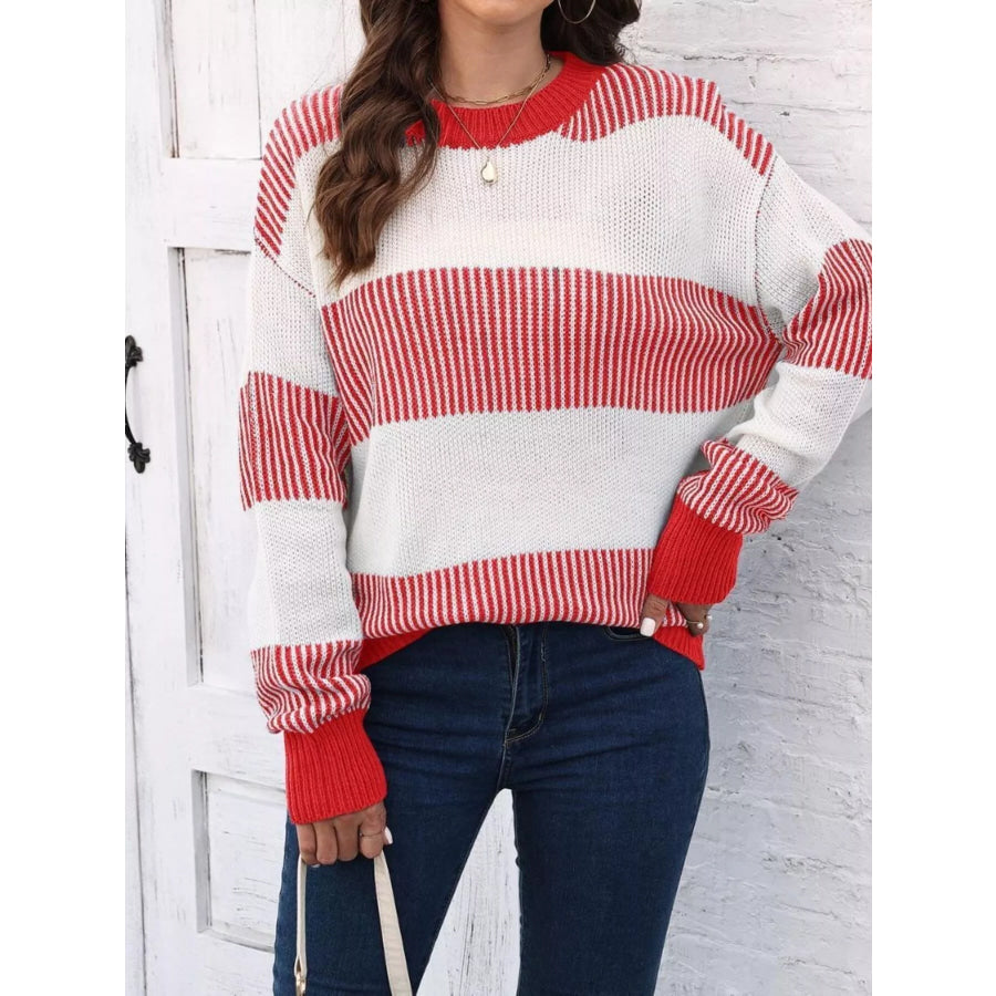 Full Size Striped Color Block Crew Neck Sweater Plus Deep Red / S Apparel and Accessories