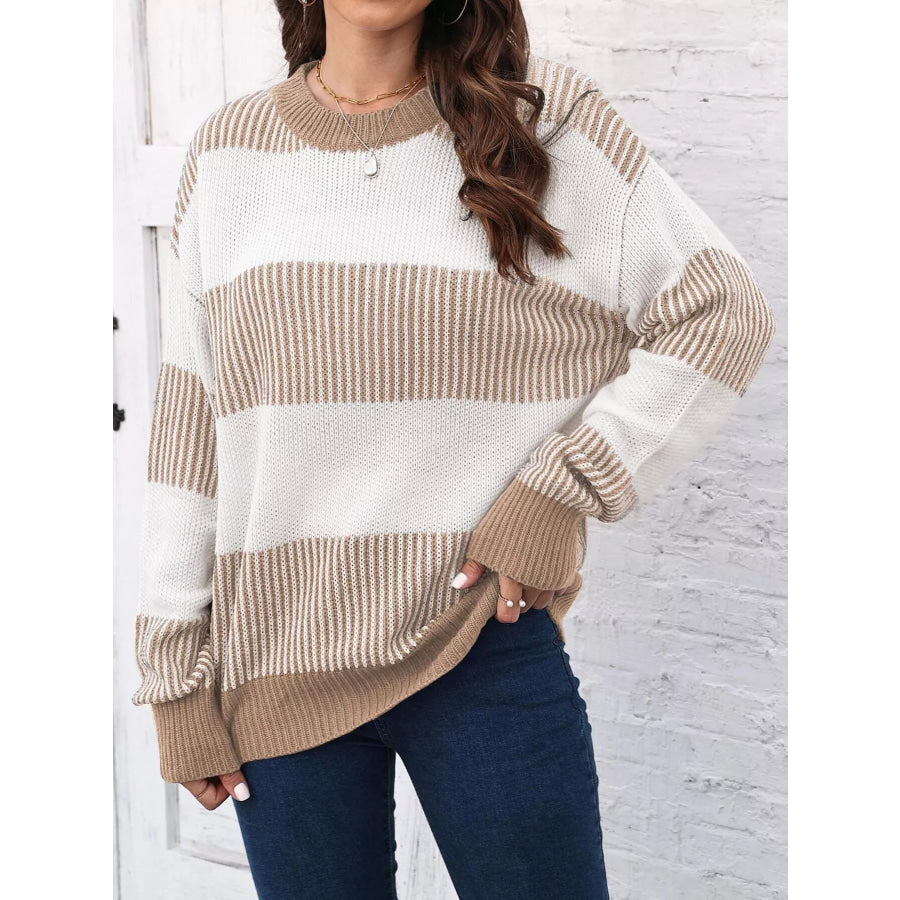 Full Size Striped Color Block Crew Neck Sweater Plus Khaki / S Apparel and Accessories