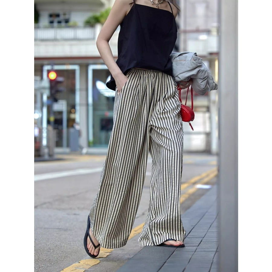Full Size Striped Drawstring Waist Wide Leg Pants Plus Size Apparel and Accessories