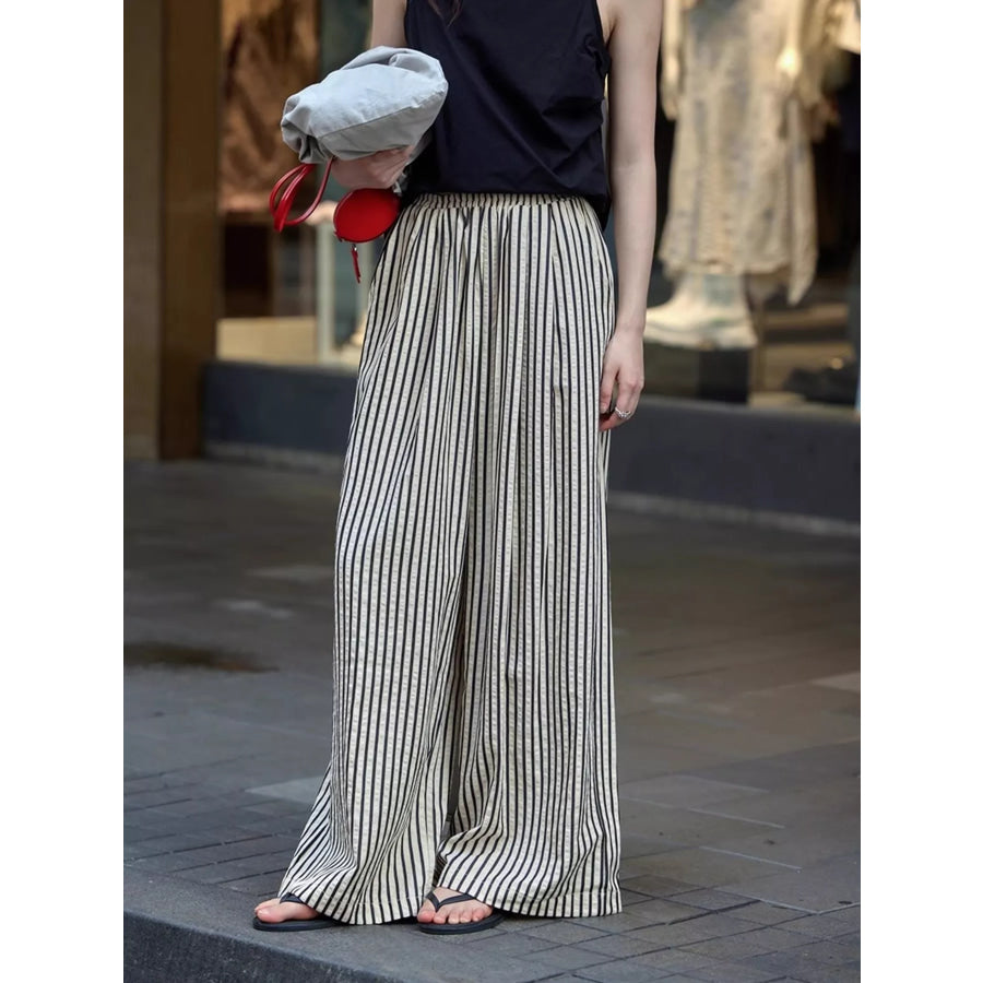 Full Size Striped Drawstring Waist Wide Leg Pants Plus Size Black / S Apparel and Accessories