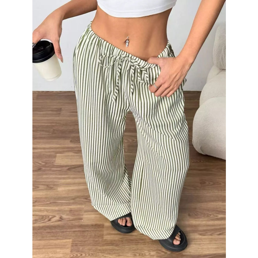 Full Size Striped Drawstring Waist Wide Leg Pants Plus Size Green / S Apparel and Accessories
