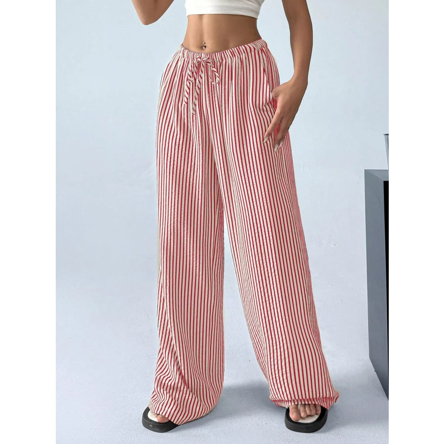 Full Size Striped Drawstring Waist Wide Leg Pants Plus Size Red / S Apparel and Accessories