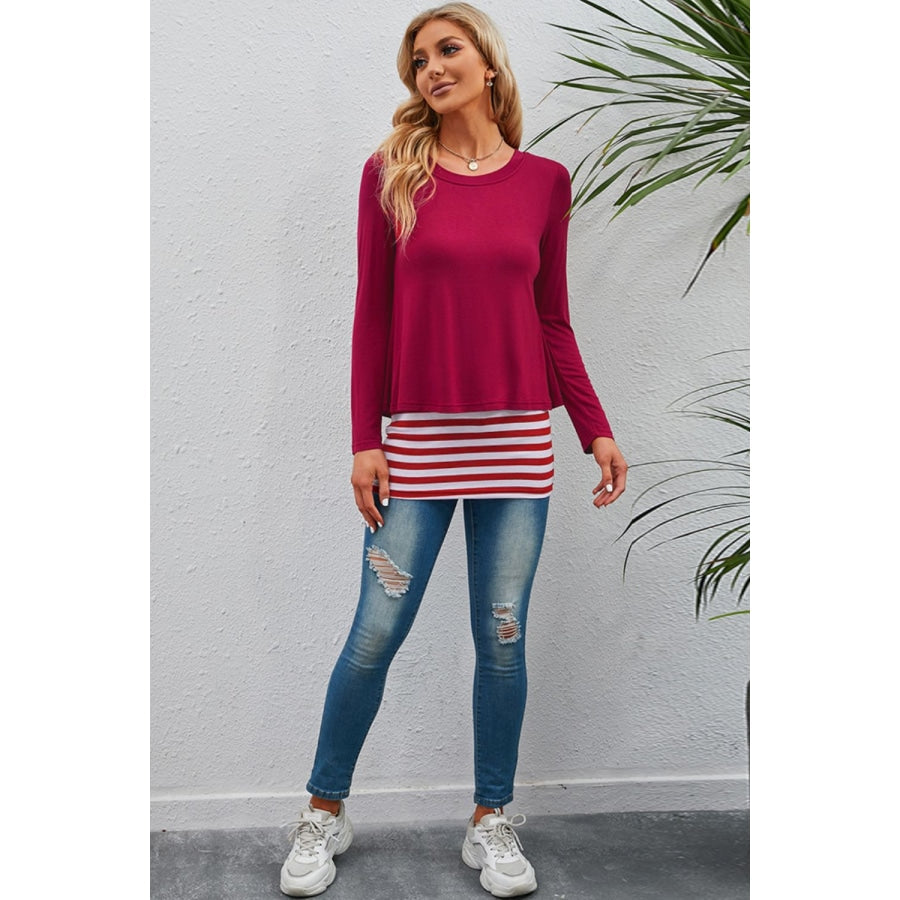 Full Size Striped Faux Layered Long Sleeve Top