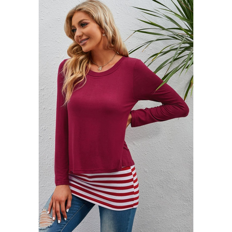 Full Size Striped Faux Layered Long Sleeve Top