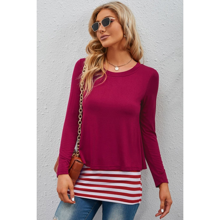 Full Size Striped Faux Layered Long Sleeve Top Wine / S