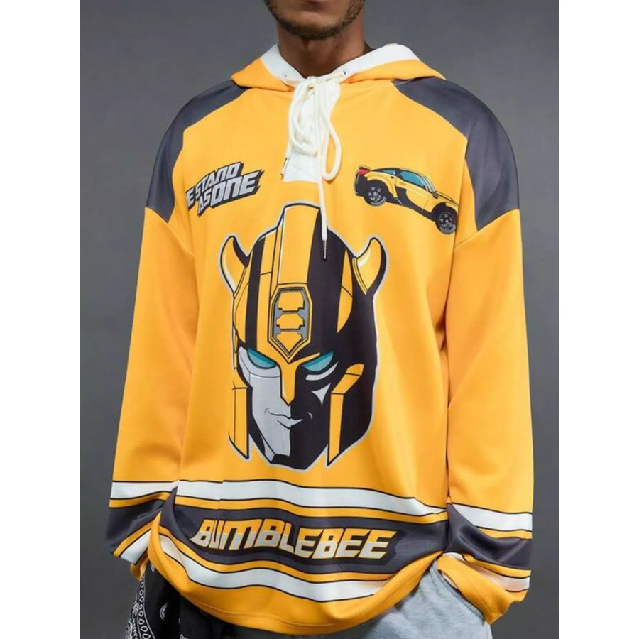 Full Size Striped Graphic Lace-Up Hooded Plus Yellow / S Apparel and Accessories