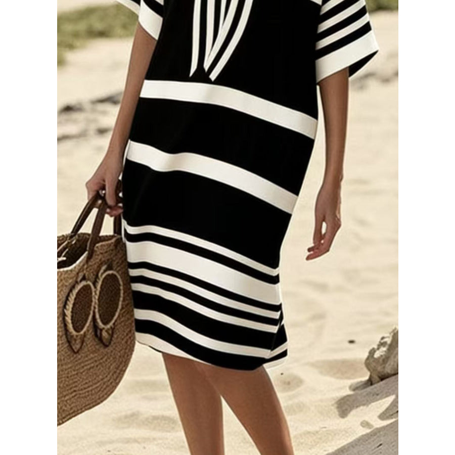 Full Size Striped Half Sleeve Midi Dress Plus Size Apparel and Accessories