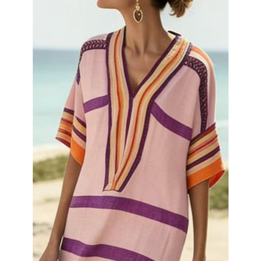 Full Size Striped Half Sleeve Midi Dress Plus Size Apparel and Accessories