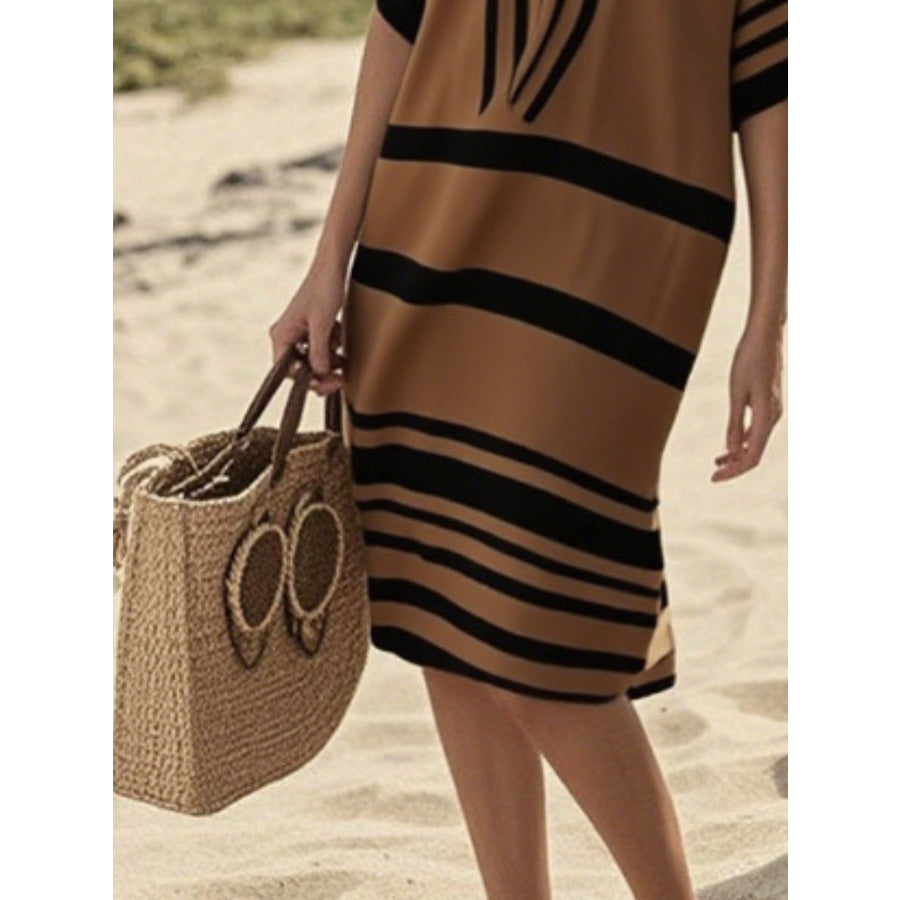 Full Size Striped Half Sleeve Midi Dress Plus Size Apparel and Accessories