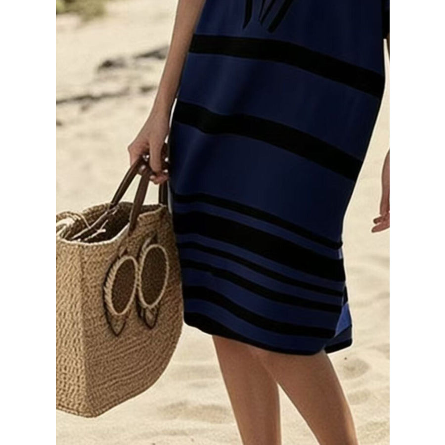 Full Size Striped Half Sleeve Midi Dress Plus Size Apparel and Accessories